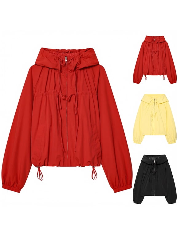 Women's Zip Up Hoodies Drawstring Windbreaker Jacket Sport Casual Workout Coats Y2K Long Sleeve Outwears with Pockets Red M