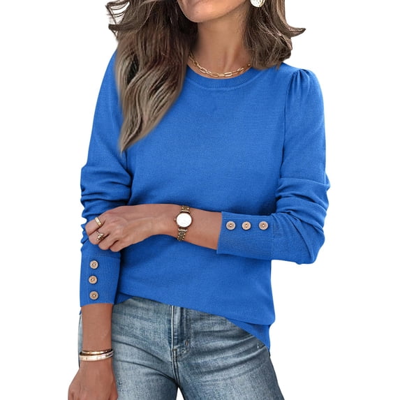 Nestiefly Womens 2026 Fall Sweaters Long Sleeve Tops Classic Crew Neck Pullover Sweaters Loose Dressy Casual Basic Clothes Blue M