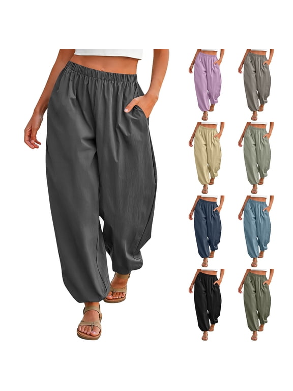 Womens Balloon Pants Trendy Casual Elastic Waist Wide Leg Harem Pants Baggy Pleated Lantern Trousers Black L