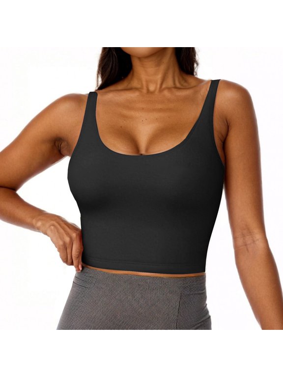 Womens Built in Shelf Bra Racerback Tank Tops Padded Ribbed Halter Strap T Shirts Slim Fitted U-Neck Tee Black S