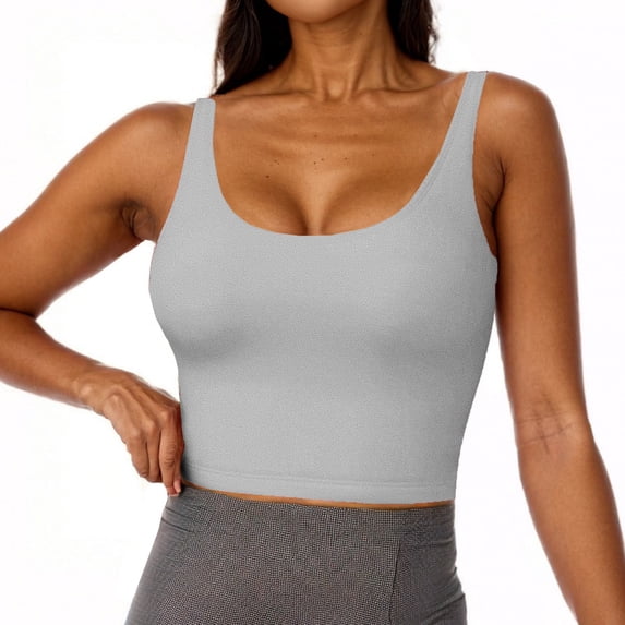 Nestiefly Womens Built in Shelf Bra Racerback Tank Tops Padded Ribbed Halter Strap T Shirts Slim Fitted U-Neck Tee Gray XL