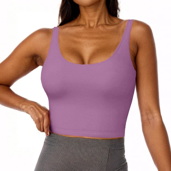 Nestiefly Womens Built in Shelf Bra Racerback Tank Tops Padded Ribbed Halter Strap T Shirts Slim Fitted U-Neck Tee Light Purple M