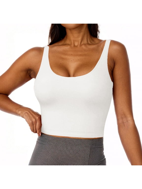 Womens Built in Shelf Bra Racerback Tank Tops Padded Ribbed Halter Strap T Shirts Slim Fitted U-Neck Tee White S