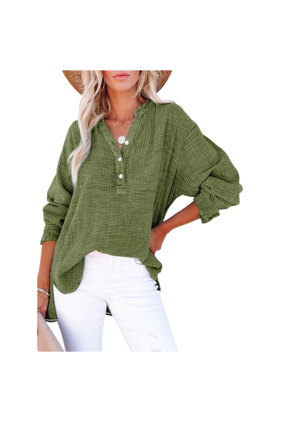 Womens Casual Gauze Button Neck Long Sleeve Oversized Blouses Tops, Lightweight Loose V Neck Pullover Shirts Wine 2XL
