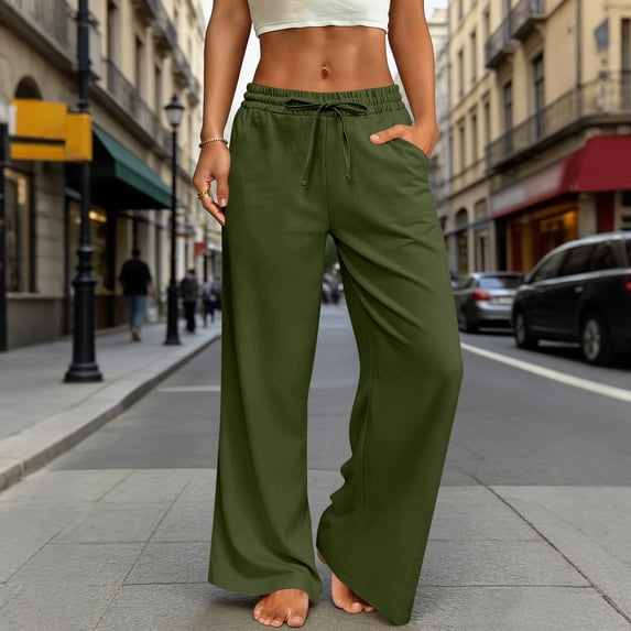 Nestiefly Womens Casual Linen Wide Leg Pants Flowy Drawstring High Waist Palazzo Beach Vacation Trousers Green S
