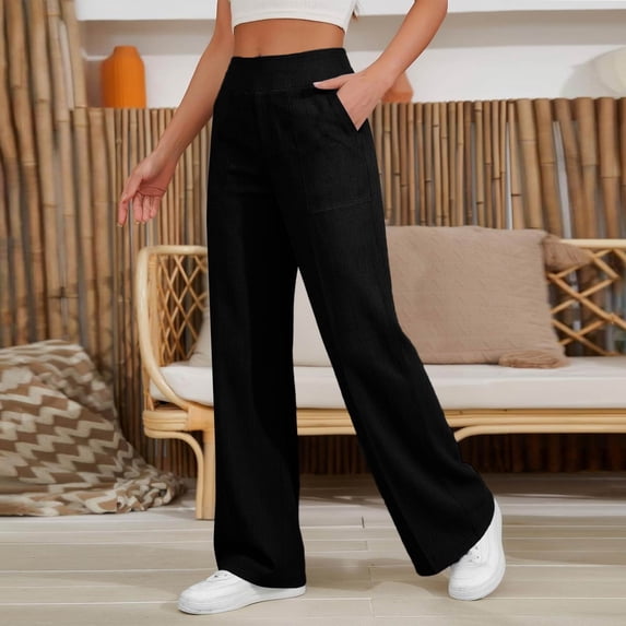 Nestiefly Womens Cotton Linen Pants Petite 2026 Summer Lightweight High Waist Straight Leg Solid Beach Lounge Trousers Black L