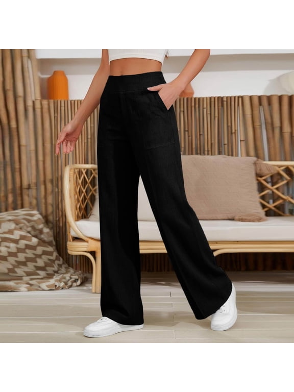 Womens Cotton Linen Pants Petite 2026 Summer Lightweight High Waist Straight Leg Solid Beach Lounge Trousers Black M