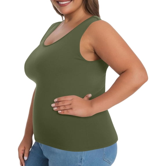 Nestiefly Womens Cut Out Plus Size Tank Tops with Built in Bra Wide Strap Camisole Summer Basic Udershirts Tank Basic Cami Tops Army Green 4XL