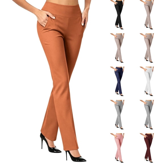 Nestiefly Womens Dress Pants Casual Straight Leg Business Work Slacks Stretchy Office High Waisted Trousers Orange XL