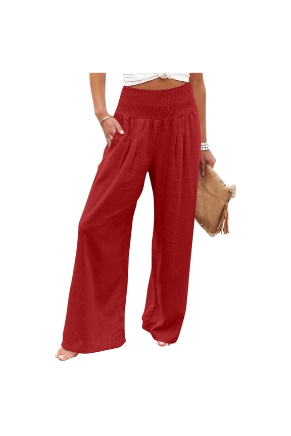 Womens Elastic High Waisted Palazzo Pants Casual Wide Leg Long Lounge Pant Trousers with Pocket Red S