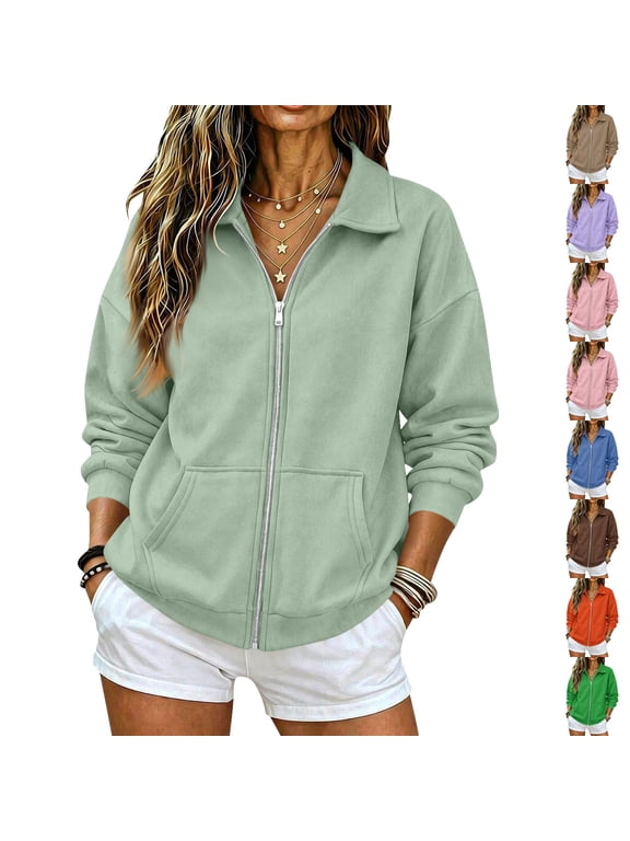 Womens Fall Zip Up Sweatshirts No Hood Oversized Casual Classic Long Sleeve Collar Full Zipper Jackets with Pockets Mint Green M
