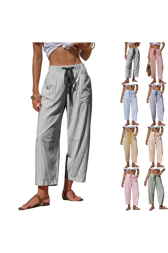 Womens Faux Linen Striped Barrel Pants Comfy Drawstring Capri Pant Summer Beach Vacation Lounge Trousers with Pockets Sky Blue L