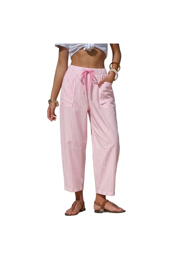 Womens Faux Linen Striped Barrel Pants Comfy Drawstring Capri Pant with Pockets Summer Beach Vacation Lounge Trousers Pink L