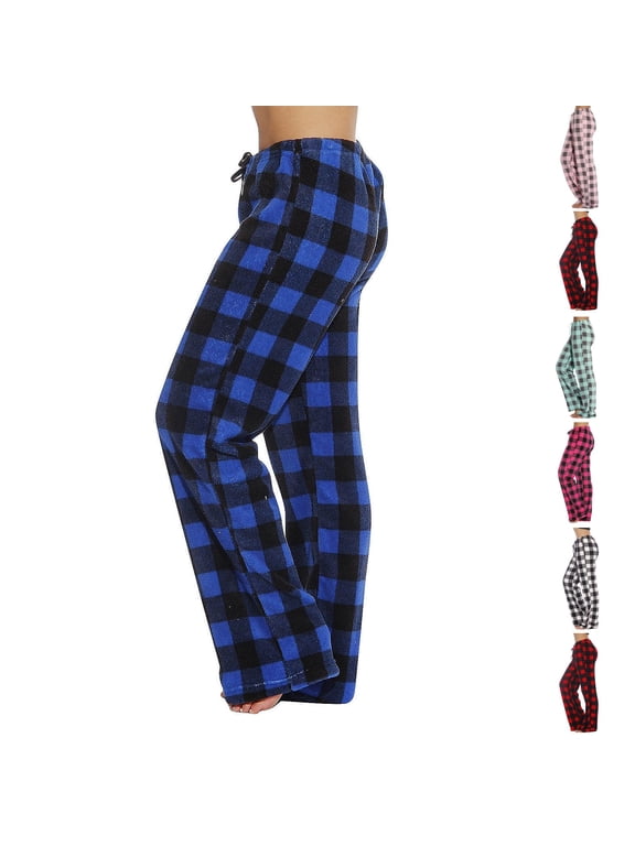 Womens Fuzzy Fleece Pajama Pants Plaid Fluffy Flannel Elastic Waist Pants Cozy Lounge Fall Winter Pjs Bottom Blue L