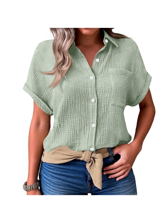 Womens Gauze Shirts Button Down Dress Shirts Casual Short Sleeve Textured Collared Summer Work Blouse Camping Clothes 2026 Mint Green S