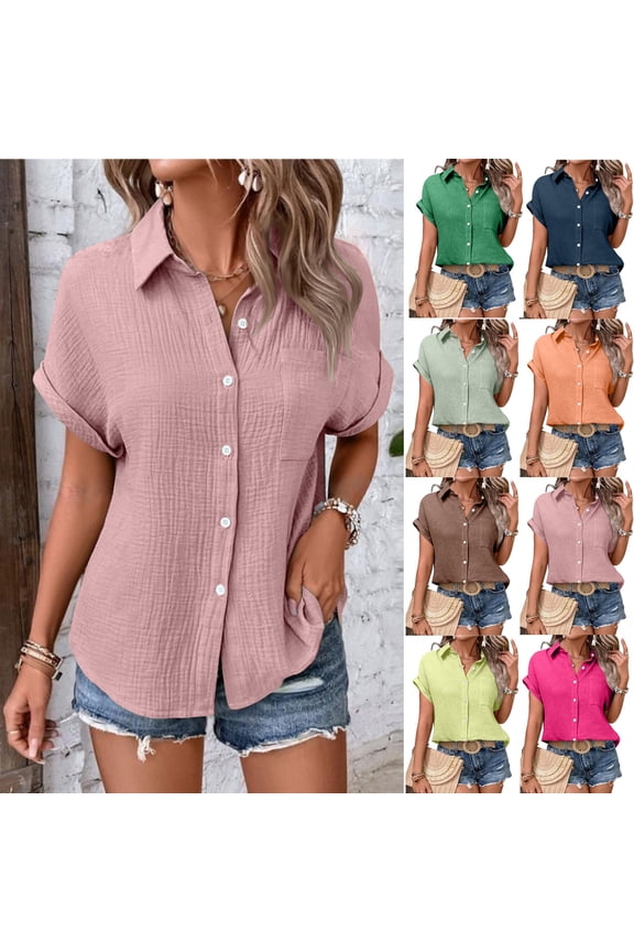 Womens Gauze Shirts Button Down Dress Tops Casual Lightweight Short Sleeve Textured Collared Summer Work Blouse Orange S