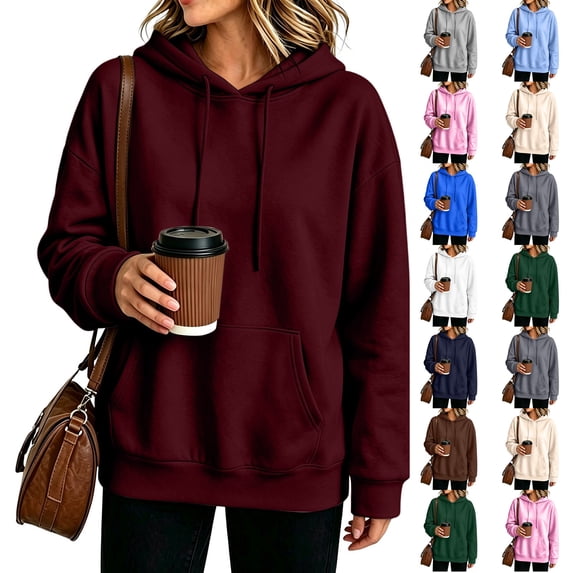 Nestiefly Womens Hoodie Sweatshirt Oversized Lightweight Loose Long Sleeve Pullover Hooded Sweatshirt With Pockets Wine L