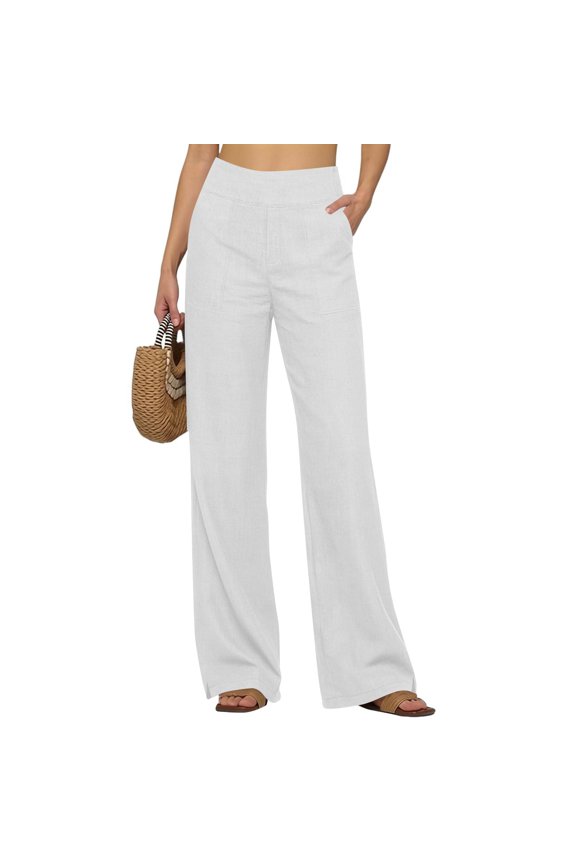 Womens Linen Split Hem Pants Summer Casual High Waist Straight Leg Pant Loose Fit Lightweight Lounge Trousers with Pockets White 3XL