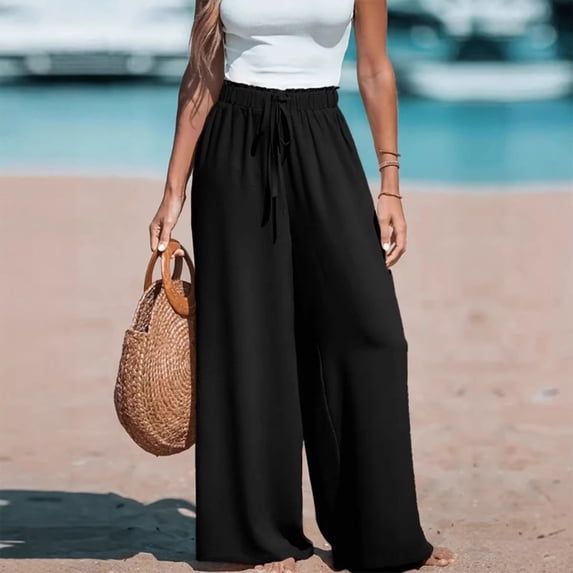 Nestiefly Womens Linen Wide Leg Pants, High Waisted Flowy Palazzo with Pockets Summer Drawstring Trousers Beach Travel Work Black S