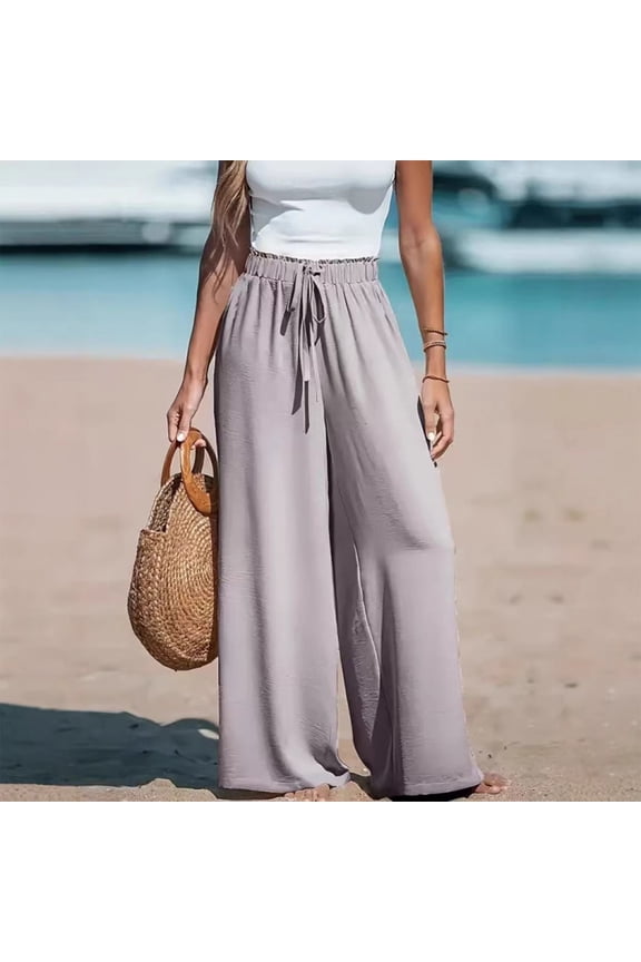 Womens Linen Wide Leg Pants, High Waisted Flowy Palazzo with Pockets Summer Drawstring Trousers Beach Travel Work Gray M
