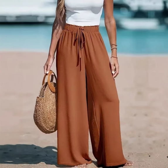 Nestiefly Womens Linen Wide Leg Pants, High Waisted Flowy Palazzo with Pockets Summer Drawstring Trousers Beach Travel Work Light Brown XL