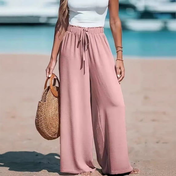 Nestiefly Womens Linen Wide Leg Pants, High Waisted Flowy Palazzo with Pockets Summer Drawstring Trousers Beach Travel Work Pink S