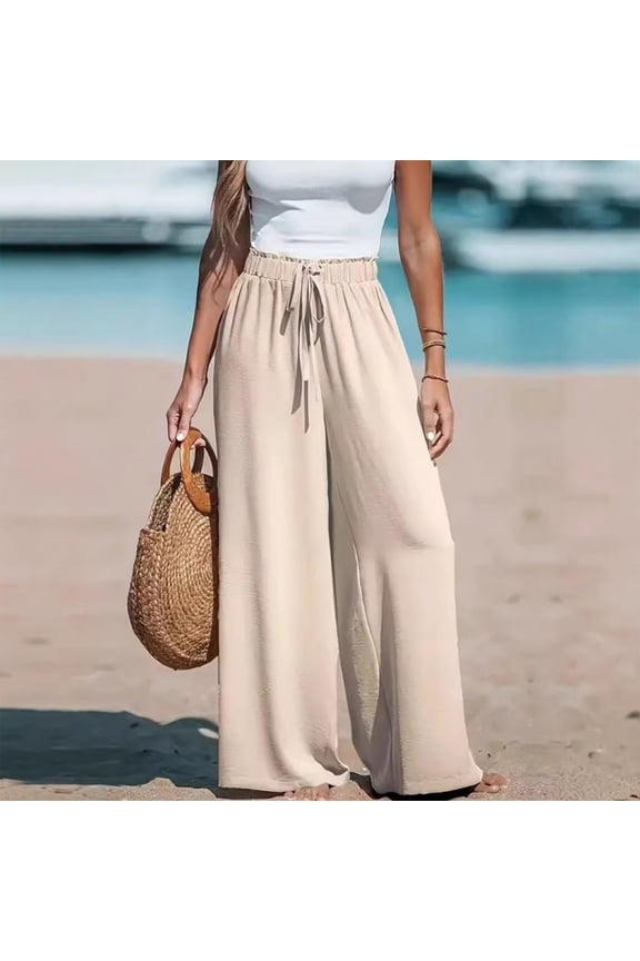 Womens Linen Wide Leg Pants, High Waisted Flowy Palazzo with Pockets Summer Drawstring Trousers Beach Travel Work Yellow M