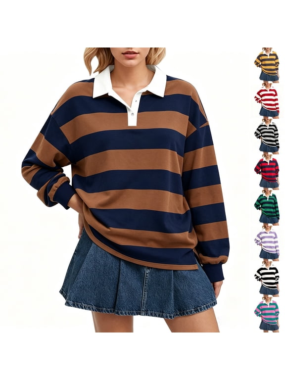 Womens Oversized Striped Polo Shirt Long Sleeve Rugby Sweatshirt Y2K Pullover Casual Loose Streetwear Blouses Coffee S