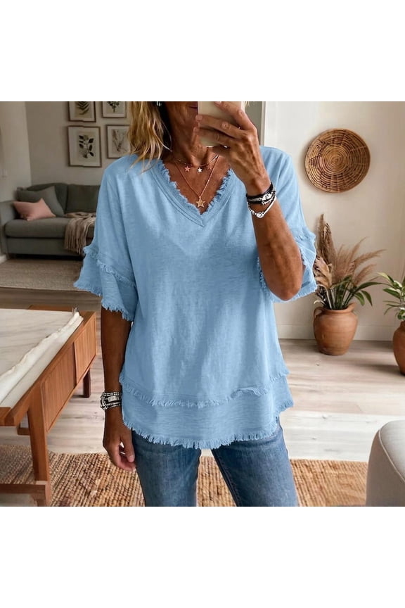 Womens Short Sleeve Cotton Linen V Neck Tee Shirt Fringe Trim Ruffled Summer Vacation Tunic Top Boho Flowy Blouses 2026 Sky Blue M