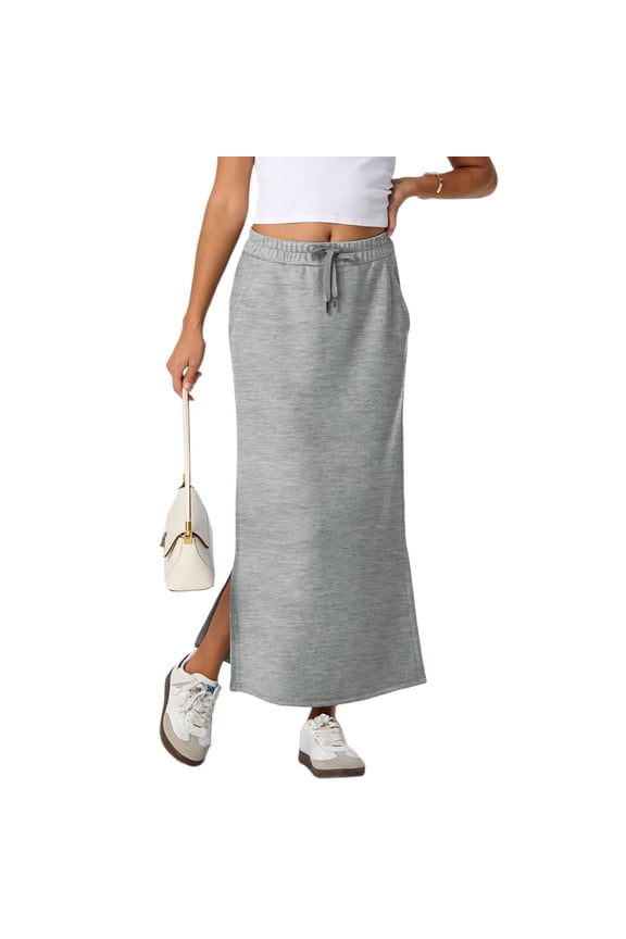 Womens Side Slit Maxi Skirts Elastic High Waisted Drawstring Casual Long Sweat Skirts