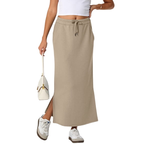 Nestiefly Womens Side Slit Maxi Skirts Elastic High Waisted Drawstring Casual Long Sweat Skirts