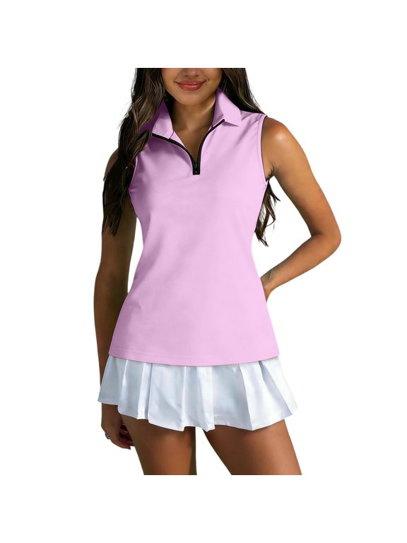 Womens Sleeveless Golf Shirts - Quarter Zip UPF 50+ Collared Polo Shirts, Quick Dry Zip Up Tennis Sports Active Tee Purple XL