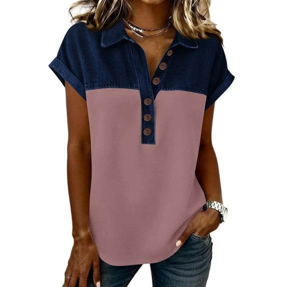 Nestiefly Womens Spring Tops Casual Short Sleeve Summer Shirts for Women Button Down Denim Collar T Dressy Light pink 2XL