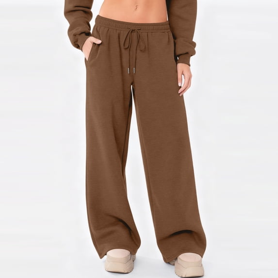 Nestiefly Womens Sweatpants Fall Winter Baggy Wide Leg Sweatpant Fleece Lined Straight Leg Sweat Pants Coffee L