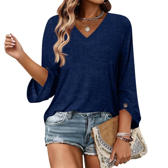 Nestiefly Womens Tops 3/4 Length Sleeve Dressy Casual Blouses for Women 2026 Trendy Crew Neck T Shirts Summer Clothes Navy L