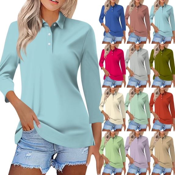 Nestiefly Womens Tops 3/4 Sleeve Polo Shirts Solid Business V Neck Collared Buttons Basic Tees Loose Casual Blouses Blue L