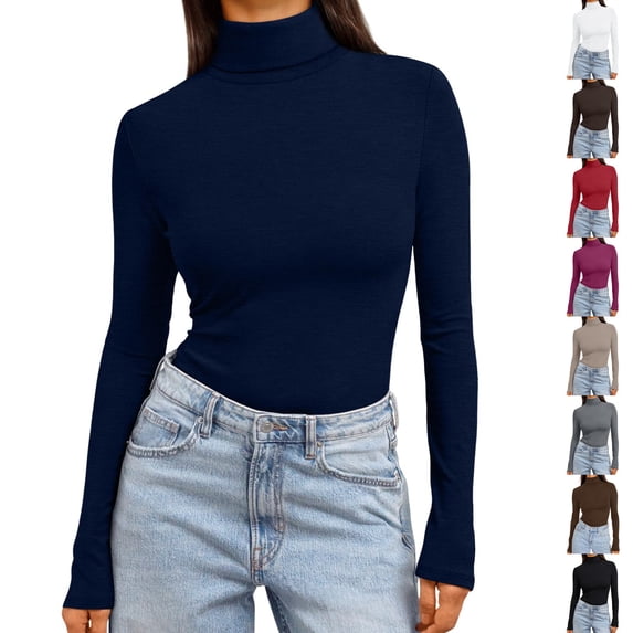 Nestiefly Womens Turtleneck Tops Long Sleeve Lightweight Stretchy Fit Shirts Winter Thermal Base Layer Undershirt Dark Blue XL