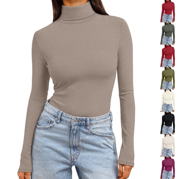 Nestiefly Womens Turtleneck Tops Long Sleeve Lightweight Stretchy Fit Shirts Winter Thermal Base Layer Undershirt Khaki XS