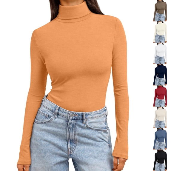 Nestiefly Womens Turtleneck Tops Long Sleeve Lightweight Stretchy Fit Shirts Winter Thermal Base Layer Undershirt Orange M