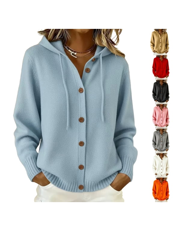 Womens V Neck Cardigan Sweaters Long Sleeve Button Down Drawstring Knit Tops Hooded Sweater Khaki M