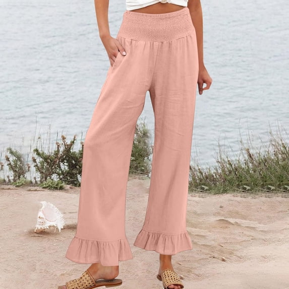 Nestiefly Womens Wide Leg Pants Drawstring Elastic High Waisted Ruffle Hem Palazzo Casual Pants with Pockets 2026 Pink XL