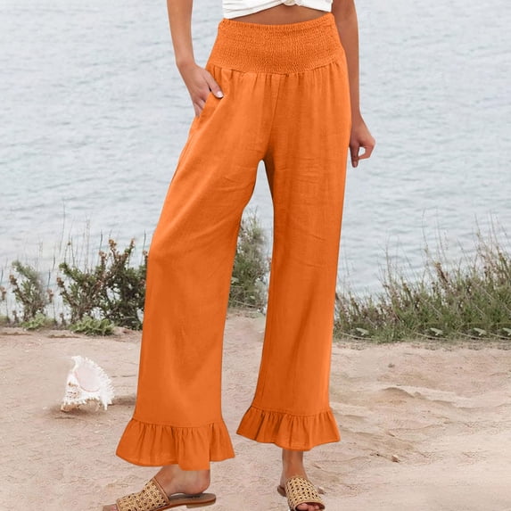 Nestiefly Womens Wide Leg Pants Drawstring Elastic High Waisted Ruffle Hem Palazzo Casual Pants with Pockets 2026 Saffron S
