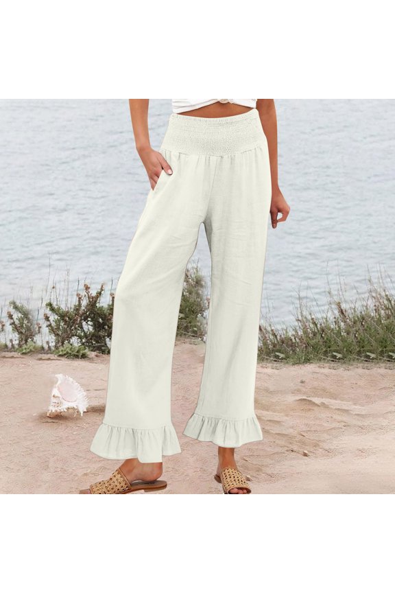Womens Wide Leg Pants Drawstring Elastic High Waisted Ruffle Hem Palazzo Casual Pants with Pockets 2026 White XL