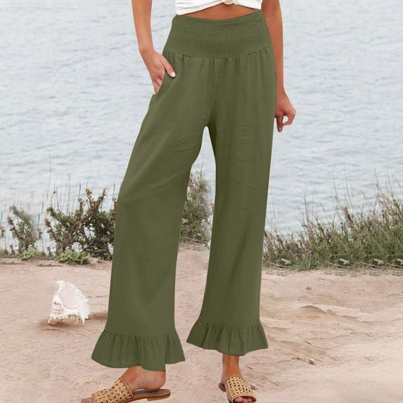 Nestiefly Womens Wide Leg Pants Drawstring Elastic High Waisted Ruffle Hem Palazzo Pants with Pockets 2026 Army Green L