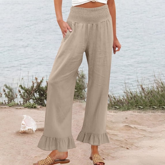 Nestiefly Womens Wide Leg Pants Drawstring Elastic High Waisted Ruffle Hem Palazzo Pants with Pockets 2026 Beige 2XL