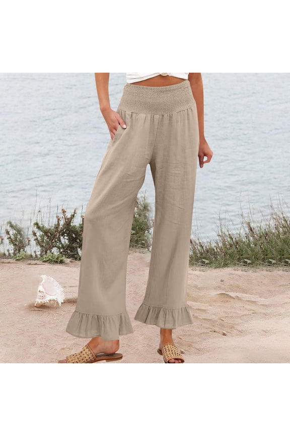 Womens Wide Leg Pants Drawstring Elastic High Waisted Ruffle Hem Palazzo Pants with Pockets 2026 Beige L