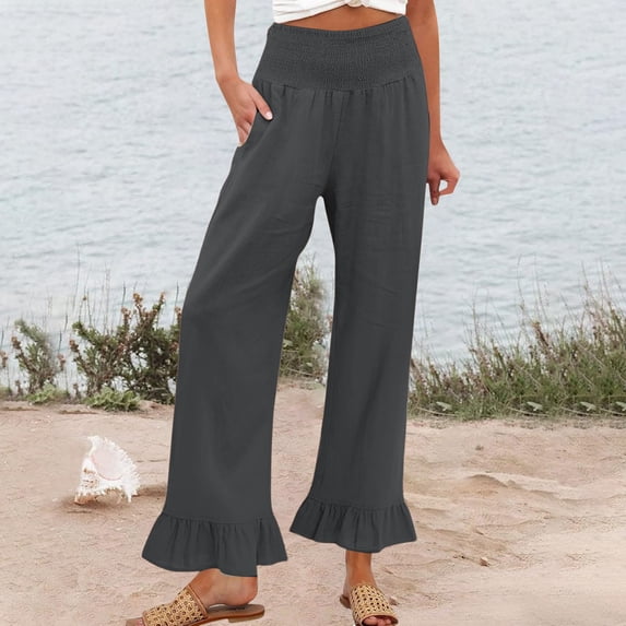 Nestiefly Womens Wide Leg Pants Drawstring Elastic High Waisted Ruffle Hem Palazzo Pants with Pockets 2026 Gray S