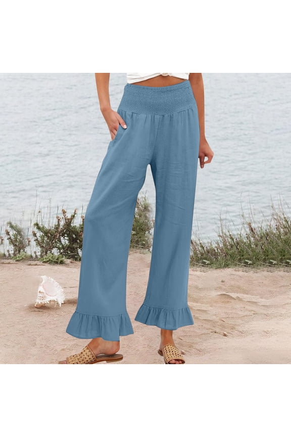 Womens Wide Leg Pants Drawstring Elastic High Waisted Ruffle Hem Palazzo Pants with Pockets 2026 Light Blue S