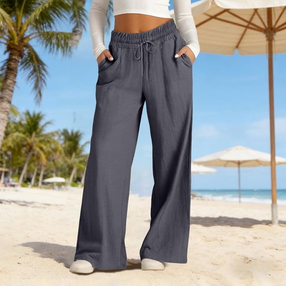 Nestiefly Womens Wide Leg Pants Flowy Linen Palazzo Trousers Drawstring Elastic Waist Summer Beach Casual Vacation Clothes Gray L