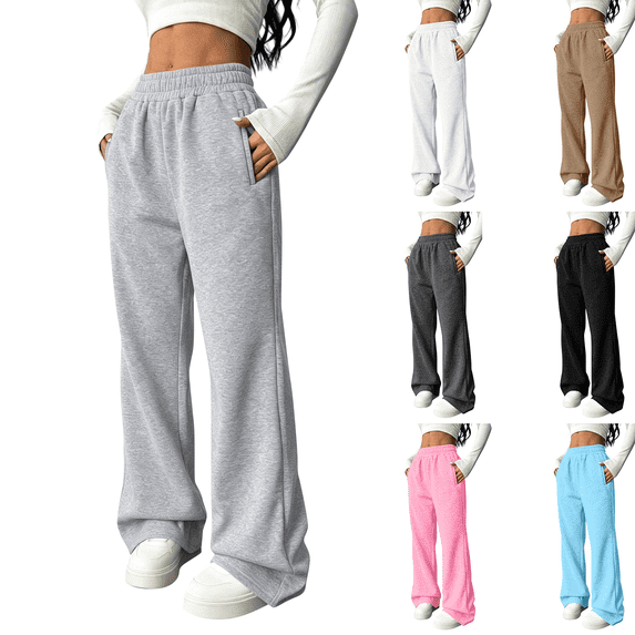Nestiefly Womens Wide Leg Sweatpants Baggy Casual Fall Winter Sweat Pants High Waisted Travel Track Pants with Pockets Light Gray S